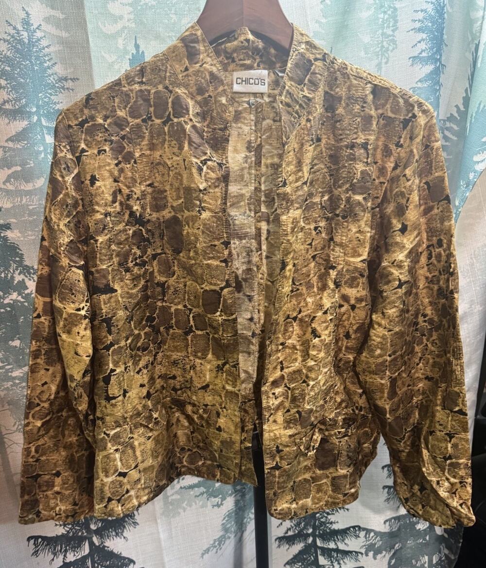 Chicos Women’s Size 2 100% Silk Blazer Cardigan Open Front Geometric Brown Print